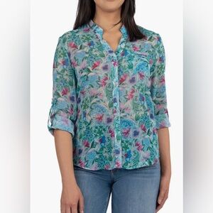 Kut From The Kloth Jasmine Chiffon Blouse Floral Button-Up Roll Tab Sleeves Sz S